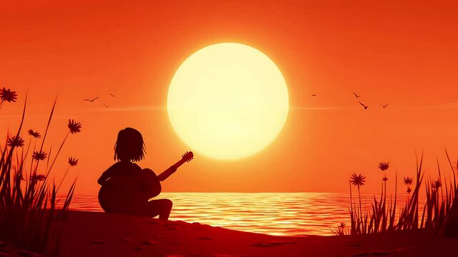 Child playing guitar while watching a vibrant sunset by the beach. Seamless looping time lapse animation video background
