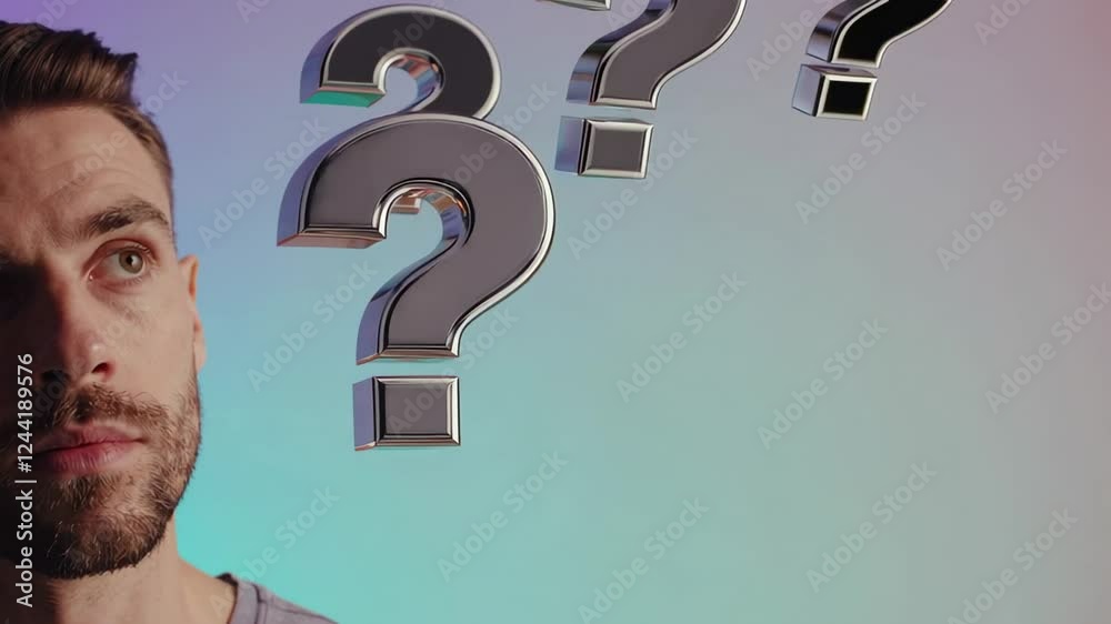 Poster Thoughtful man pondering questions represented by large, metallic question marks floating against a gradient background, symbolizing decision making and problem solving