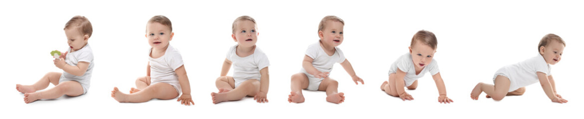 Cute baby on white background, set of portraits
