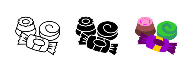 Candies sweets icon. Confectionery dessert vector illustration. Sugar chocolate treats symbol. Wrapped caramel snack sign. Colorful bonbon sugary delight design. Candies assortment pictogram.