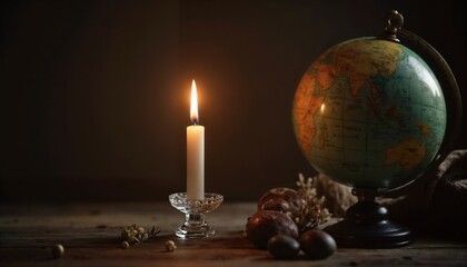 Candle burning beside a globe and decorative objects on a vintage table with copy space
