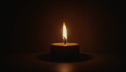 Single candle burning brightly in darkness creating a serene atmosphere with copy space
