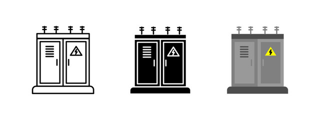 Electric cabinet icon. Power control panel vector illustration. Energy distribution symbol. Industrial voltage safety sign. Transformer circuit network concept.