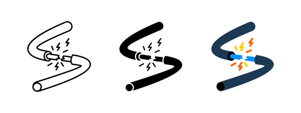 Short circuit icon. Broken electric wire vector illustration. Electricity power failure symbol. High voltage spark sign. Electrical hazard accident concept. Electric cable disruption pictogram.