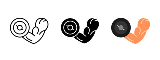 Gym icon. Strong arm with dumbbell pictogram. Muscular strength vector illustration. Fitness and bodybuilding symbol. Workout and training sign. Power lifting exercise concept. Biceps muscle graphic.