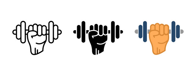 Obraz premium Strength training icon. A clenched fist holding a dumbbell vector illustration. Fitness and workout symbol. Gym and bodybuilding sign. Powerlifting and endurance pictogram.