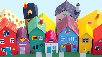 Fototapeta premium Colorful Small Houses Models Row for travel educational materials, real estate, and neighborhood community designs.