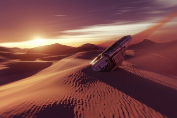 A crashed spaceship rests half-buried in a desert at sunset, a scene of solitude and mystery.