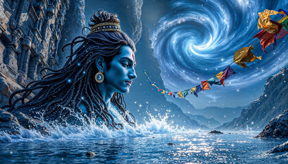Lord Shiva Emerging from Cosmic Ocean with Galactic Vortex
