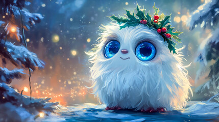 A cute, fluffy white monster with big blue eyes and holly in its hair, set against a Christmas night background with a winter landscape