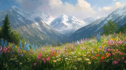 Obraz premium Colorful Spring Mountain Meadow with Vibrant Wildflowers and Panoramic Alpine Views