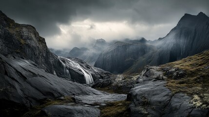 Awe-Inspiring Mountain Waterfall in a Misty Valley.  A breathtaking landscape of dark mountains and a cascading waterfall.  Nature's raw beauty captured in a dramatic scene.