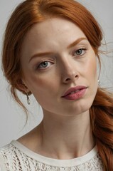 Fototapeta premium Red-haired woman with a braid poses thoughtfully against a minimalist background during a photoshoot in a studio setting