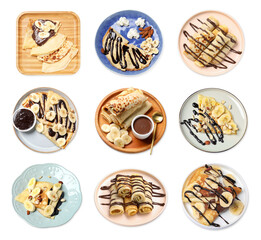 Different tasty crepes with chocolate sauce and banana slices isolated on white, set