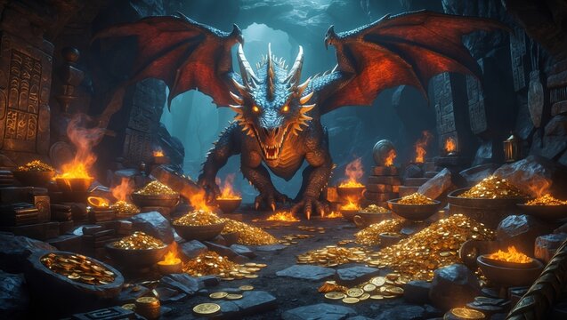 Majestic dragon guarding treasure in a mystical cave filled with gold and flames