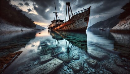 Rusted shipwreck in calm waters reflecting the dramatic sunset sky, surrounded by serene mountains and clear turquoise sea