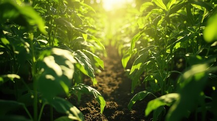 Fototapeta premium Crop Plants Growing in a Sunlit Field Under a Bright Blue Sky for Agricultural Campaigns