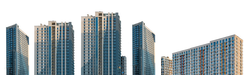Modern high-rise residential buildings set with sleek facades, tall structures in an urban district, contemporary real estate development. Isolated on white background.