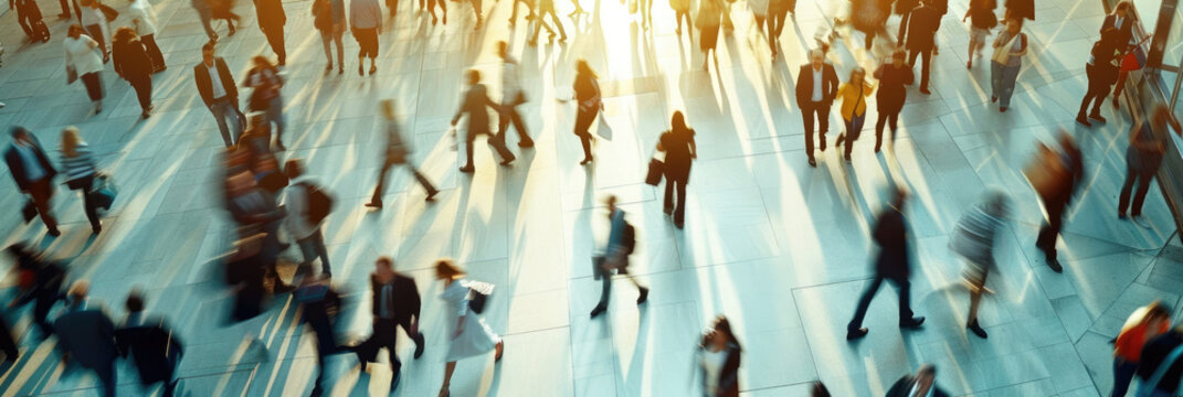 horizontal banner, blurred crowd of hurrying people, top view, the concept of haste and fast pace of life, office business staff