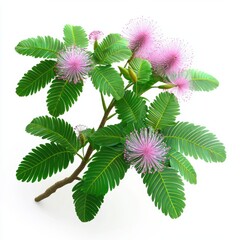 Sensitive plant (Mimosa pudica) with small pink flowers and folding leaves, isolated on white background