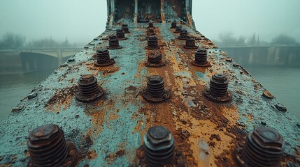 Rusty bridge bolts in foggy river setting