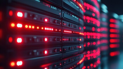 Data center servers alert, red lights, networking, technology, background