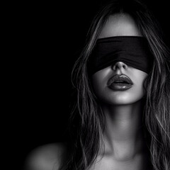 Woman with blindfolded eyes, dark mode, b&w, Generative AI