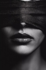 Woman with blindfolded eyes, dark mode, b&w, Generative AI