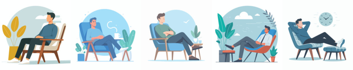 vector set of men sitting relaxed on a chair