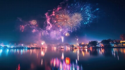 Diwali Fireworks Reflecting on Calm Lake Surface During Festival Celebration