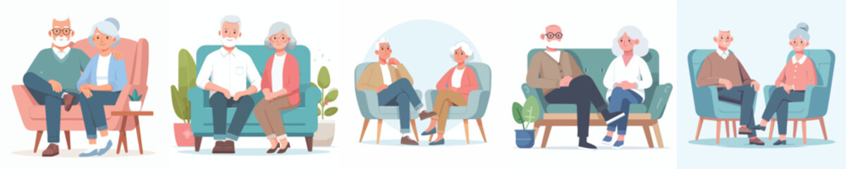 vector set of grandfather and grandmother sitting relaxed on a chair