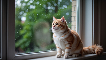 Fluffy orange cat sitting on a windowsill, watching raindrops fall outside, cozy mood