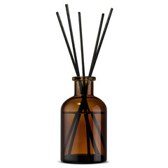 A stylish reed diffuser with black scent sticks in an elegant amber glass bottle, perfect for aromatherapy and home fragrance