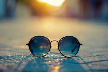 Stylish sunglasses sit on a wet pavement, reflecting the warm glow of the setting sun during golden hour