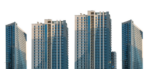 Modern residential apartment buildings set with sleek facades, tall high-rise structures in an...