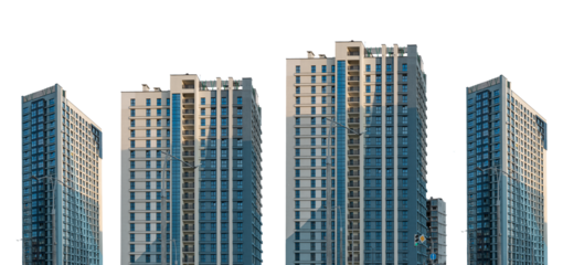 Modern residential apartment buildings set with sleek facades, tall high-rise structures in an urban district, contemporary real estate development. Isolated on white background.