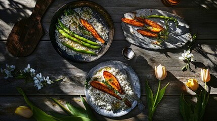 A Delectable Springtime Feast: Roasted Carrots and Green Beans on a Rustic Wooden Table