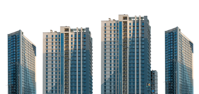 Modern residential apartment buildings set with sleek facades, tall high-rise structures in an urban district, contemporary real estate development. Isolated on white background.