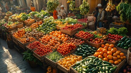 Obraz premium Aerial View of a Vibrant Farmers Market Stall Filled with Fresh Produce – Generative AI