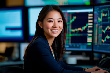 Smiling Asian Female Stock Trader at Work
