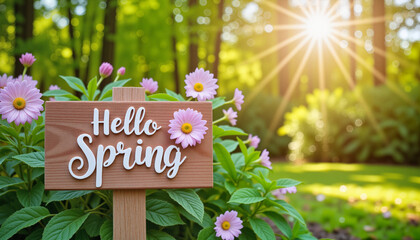 Elegant wooden sign saying "Hello Spring" surrounded by blooming flowers in a sunny garden