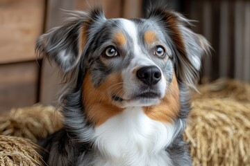 Fototapeta premium Farm dog relaxes in cozy barn setting against a rustic backdrop of hay