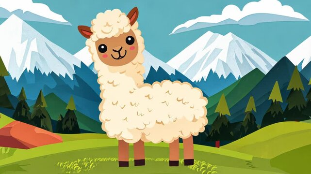 Cute Cartoon Llama in Colorful 2D Animation Design on a Sunny Farm Landscape