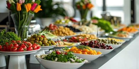 catering company, buffet for a business party, corporate dining room, assortment of dishes and snacks, serving dishes at the event