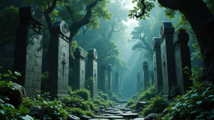 Obraz premium A mysterious stone temple path leading into an ancient forest with mystical sunlight.