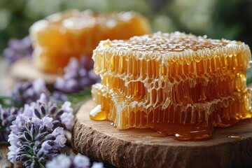Fresh honeycomb placed on a wooden board surrounded by lavender flowers in a farm setting