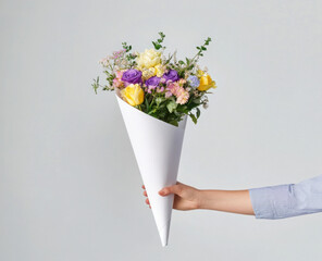 Woman hand holding bouquet of colorful flowers with mockup of blank wrapping paper to add your own information isolated on white background.