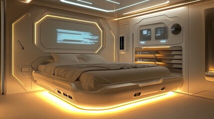 Fototapeta premium A tech-inspired bedroom with a futuristic modular bed strategically embedded into a recessed wall system