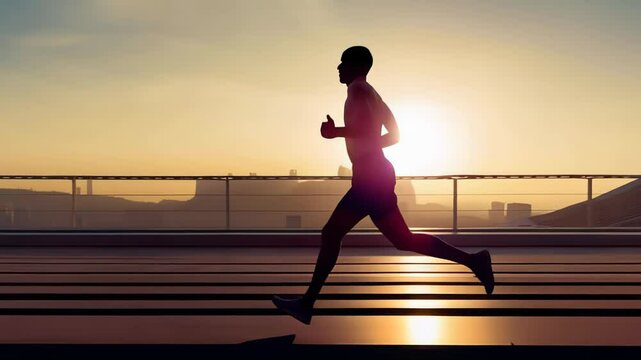 Runner training on rooftop track, silhouetted against city skyline, golden sunset casting dramatic shadows across urban landscape