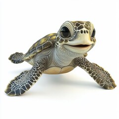 Fototapeta premium Smiling sea turtle swimming with tiny flippers, isolated on white background